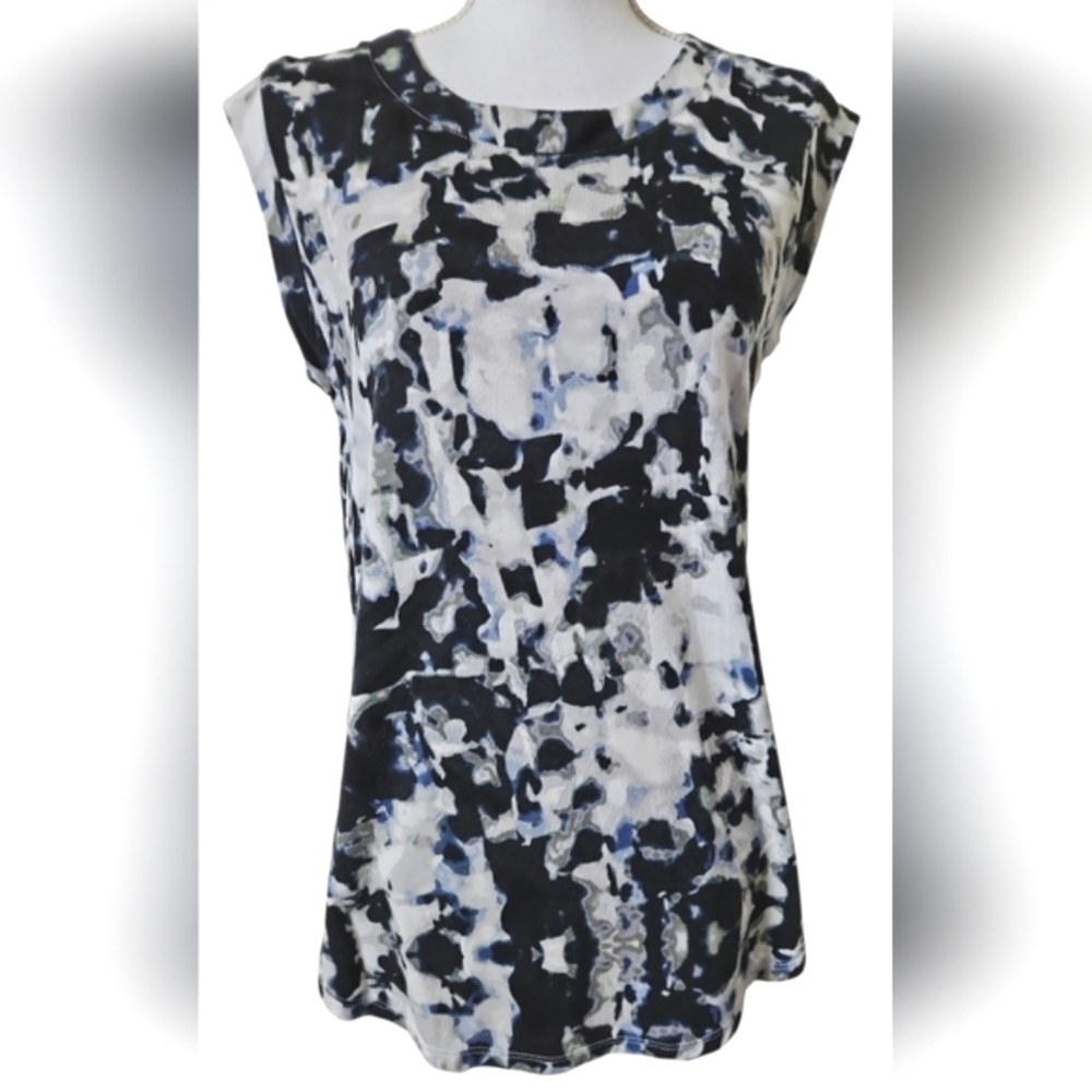 ROSE & OLIVE SLEEVELESS TOP SZ L BLUE BLACK WHITE